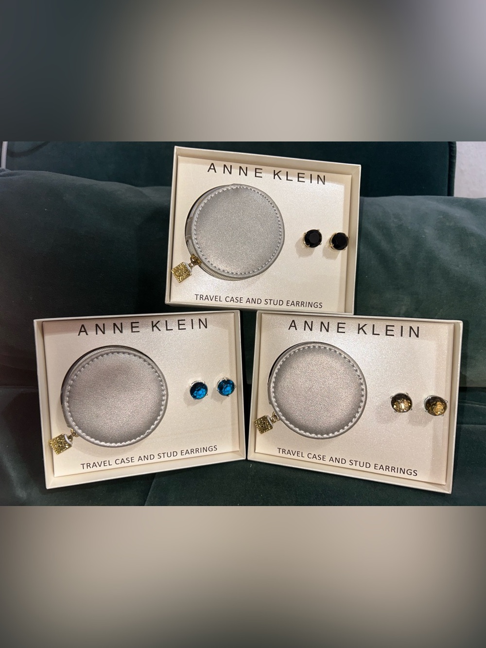 Anne Klein Stud Earrings w/Silver Travel Case 3 sets - Sapphire, Topaz and Onyx